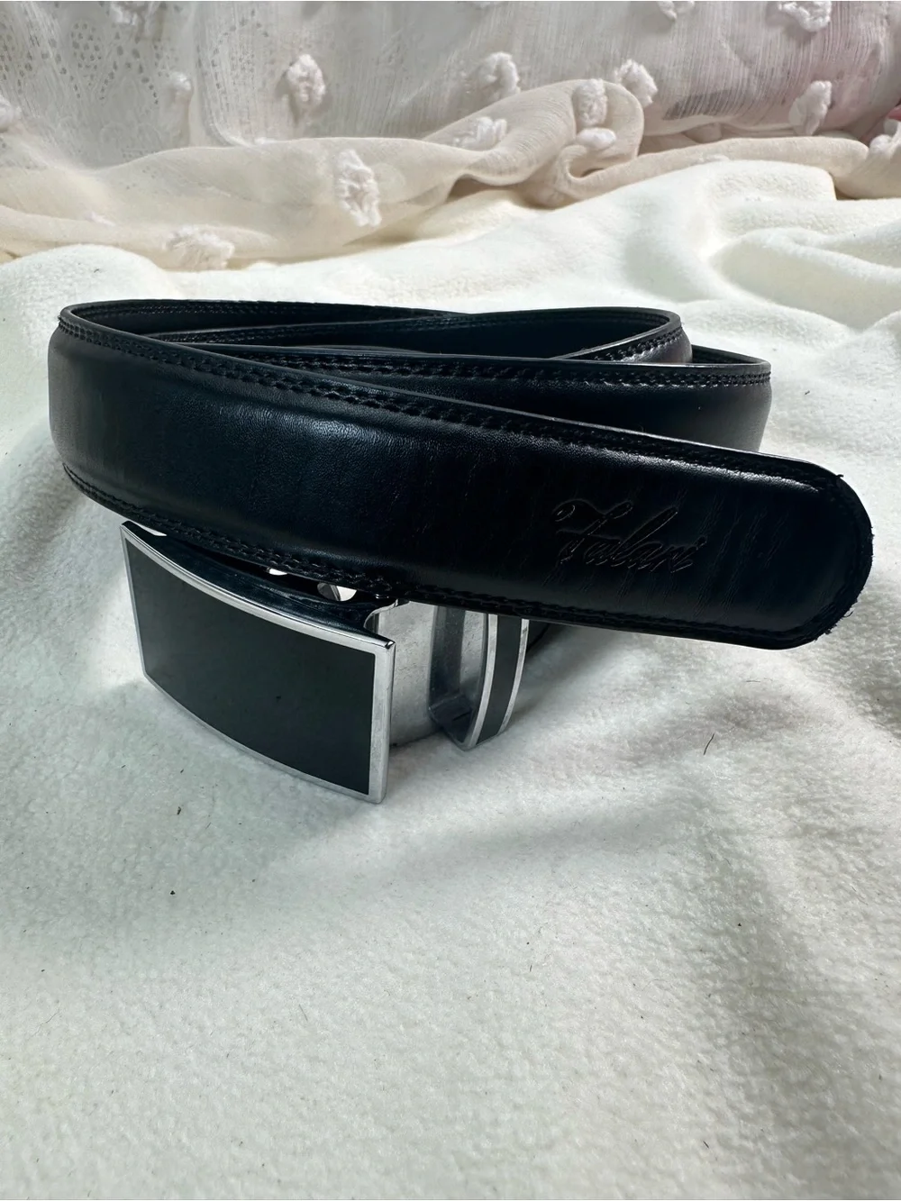 Men’s Black Leather Belt with Rectangular Silver-Tone Buckle Size 28-44